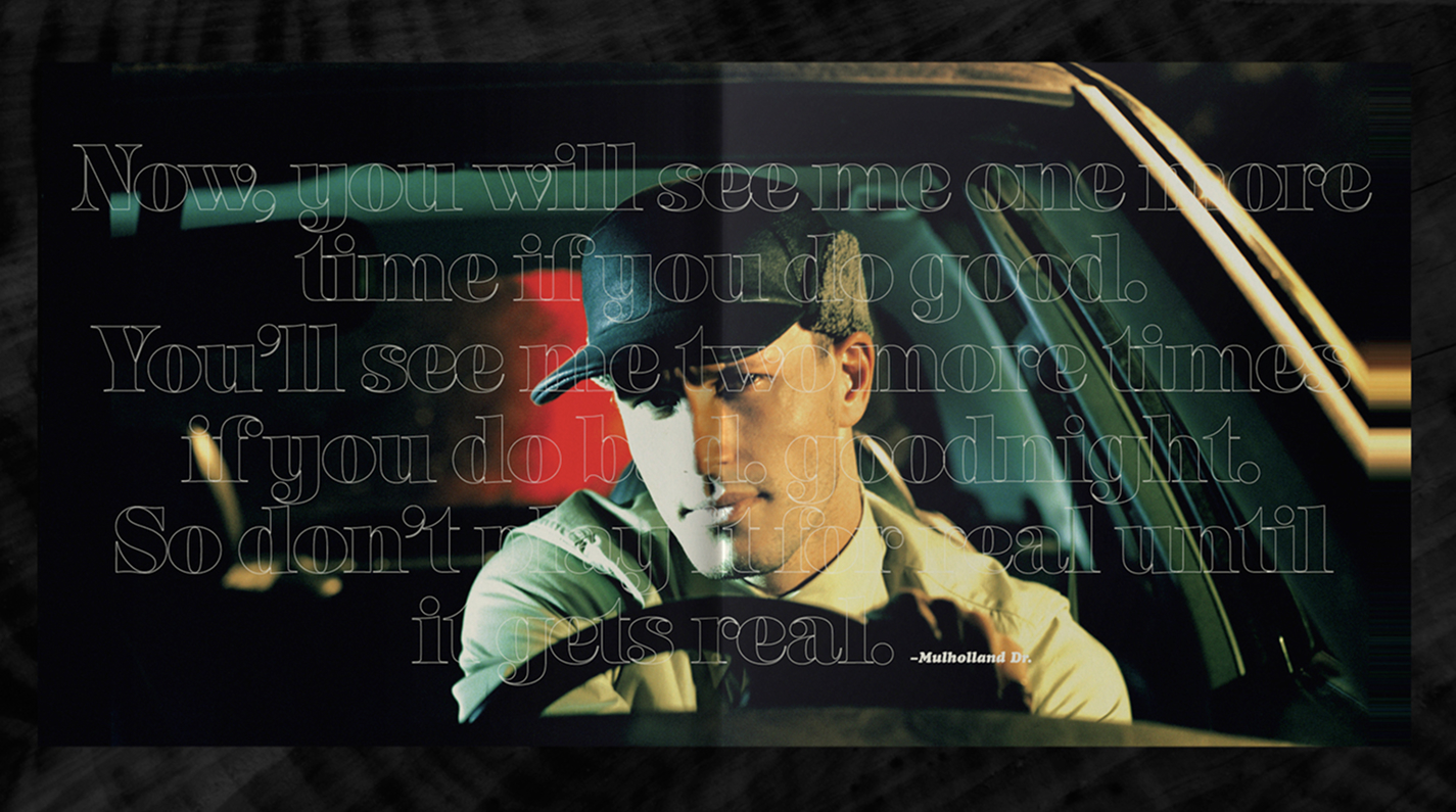 Campaign image for Bailey Hats showing a man in a dark cap driving a car at night, with cinematic lighting. A translucent overlay of text from Mulholland Dr. covers the image, enhancing the noir-inspired mood