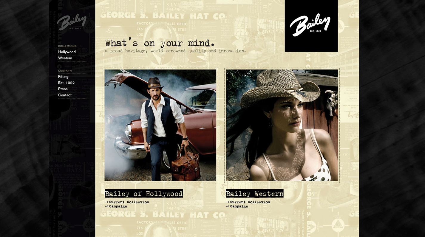 Homepage design for Bailey Hats featuring the Hollywood and Western collections. On the left, a man in a fedora, vest, and white shirt walks away from a vintage car with a leather bag. On the right, a woman in a straw cowboy hat and polka-dot top poses in 