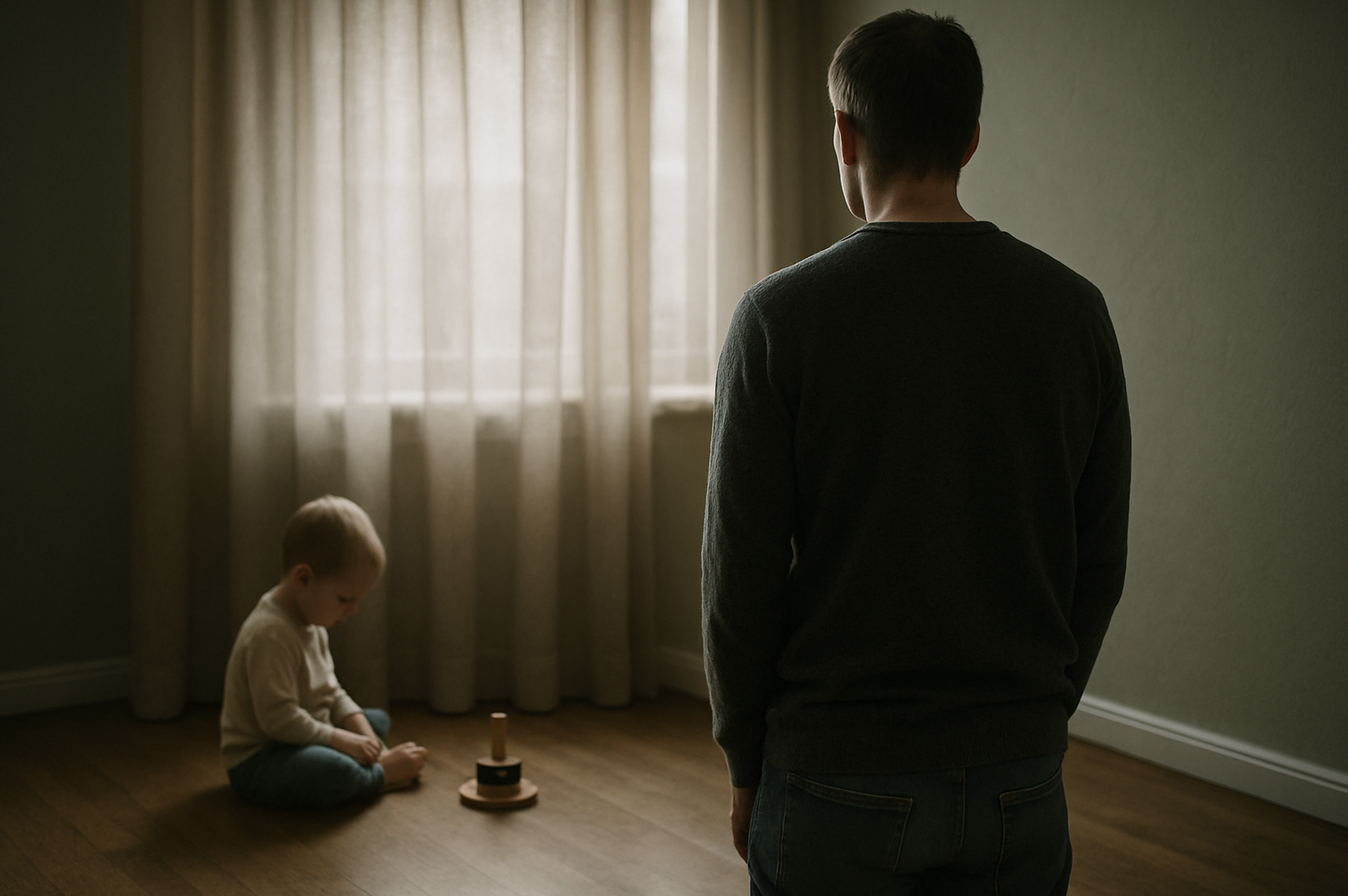 Un parent (de dos, silhouette floue ou légèrement désaturée) regarde par une fenêtre, tandis qu’un petit enfant joue seul au sol derrière lui. L’atmosphère est douce, mélancolique, avec une lumière tamisée filtrant à travers les rideaux. L’image évoque à la fois l’amour, la distance émotionnelle et la perte de soi. Aucun visage n’est clairement visible, pour préserver l’universalité et la pudeur de la scène.