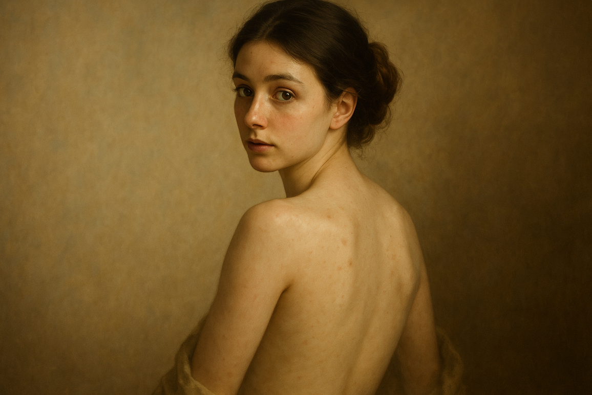 alt="Portrait artistique style romantique d'une femme vue de dos, lumière douce, illustrant un article de psychologue à Versailles sur la symbolique de la peau