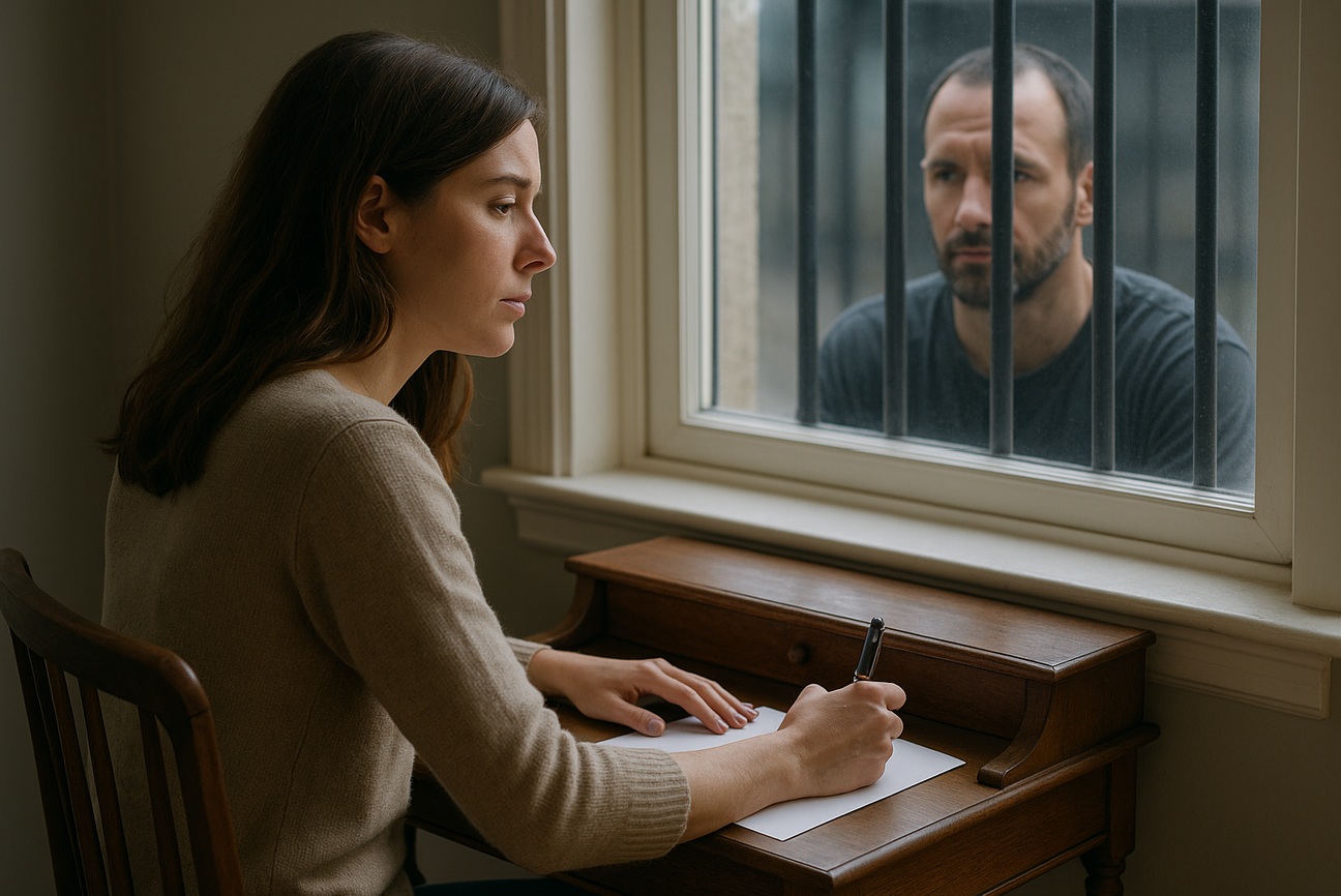 Femme assise à son bureau près d’une fenêtre, écrivant une lettre à un homme derrière les barreaux d’une prison, symbolisant l’hybristophilie et les amours interdites – Psychanalyse et sexologie à Versailles