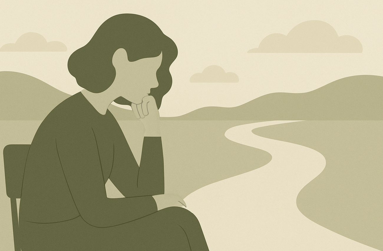 Illustration minimaliste d’une femme pensive face à un chemin sinueux, symbolisant le trouble de l’adaptation et la recherche de sens. Image utilisée dans un article de psychologie et psychanalyse à Versailles (Yvelines).