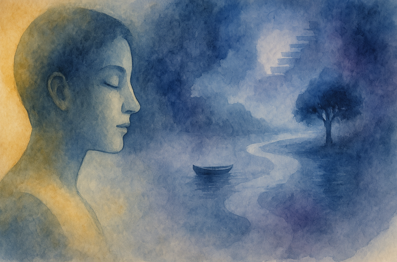 Aquarelle semi-abstraite ou peinture numérique légère, tons bleus, dorés et violines, pour suggérer la transe, le calme et la rêverie. Ambiance à la fois poétique et apaisante, sans visages trop définis (afin de préserver l’universalité du sujet).