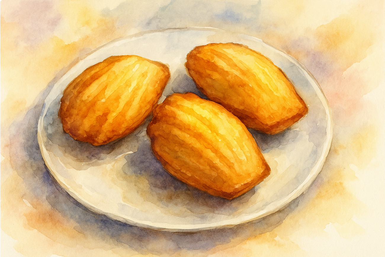 Illustration aquarelle de madeleines dorées sur une assiette blanche – symbole de mémoire olfactive et sensorielle en hypnose à Versailles.