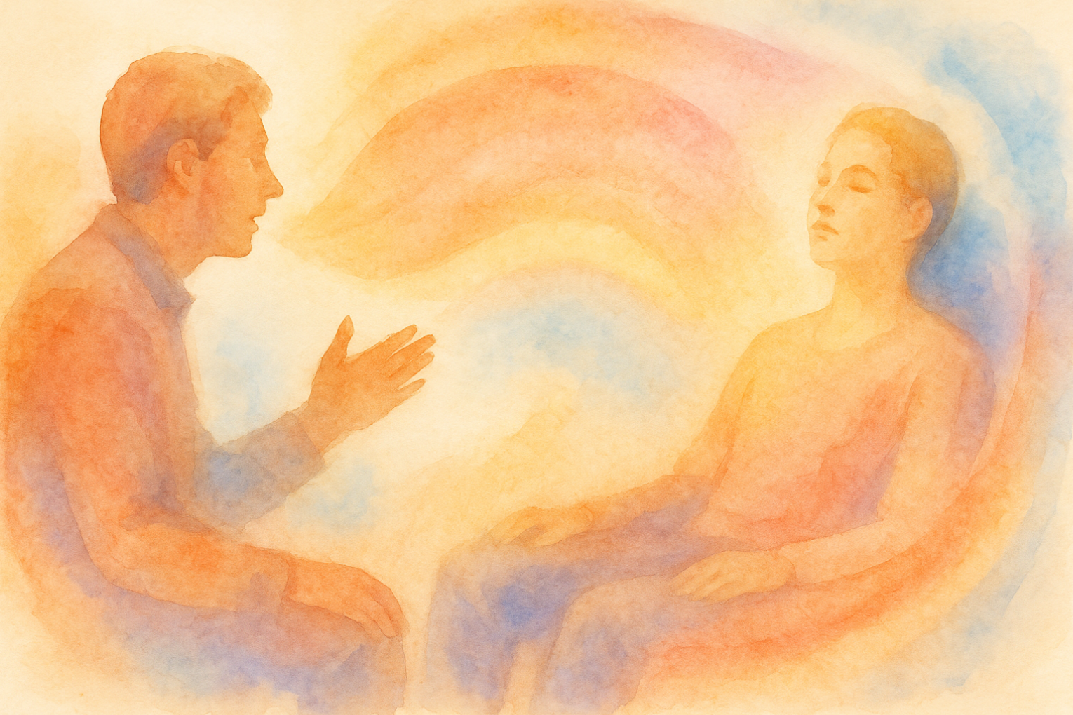 Une scène semi-abstraite : la voix du praticien devient une vague douce qui entoure la silhouette du patient, comme une marée lumineuse. Les tons sont pastel et chauds (ocre, rose poudré, bleu clair). L’effet doit évoquer la fusion entre corps, souffle et son.