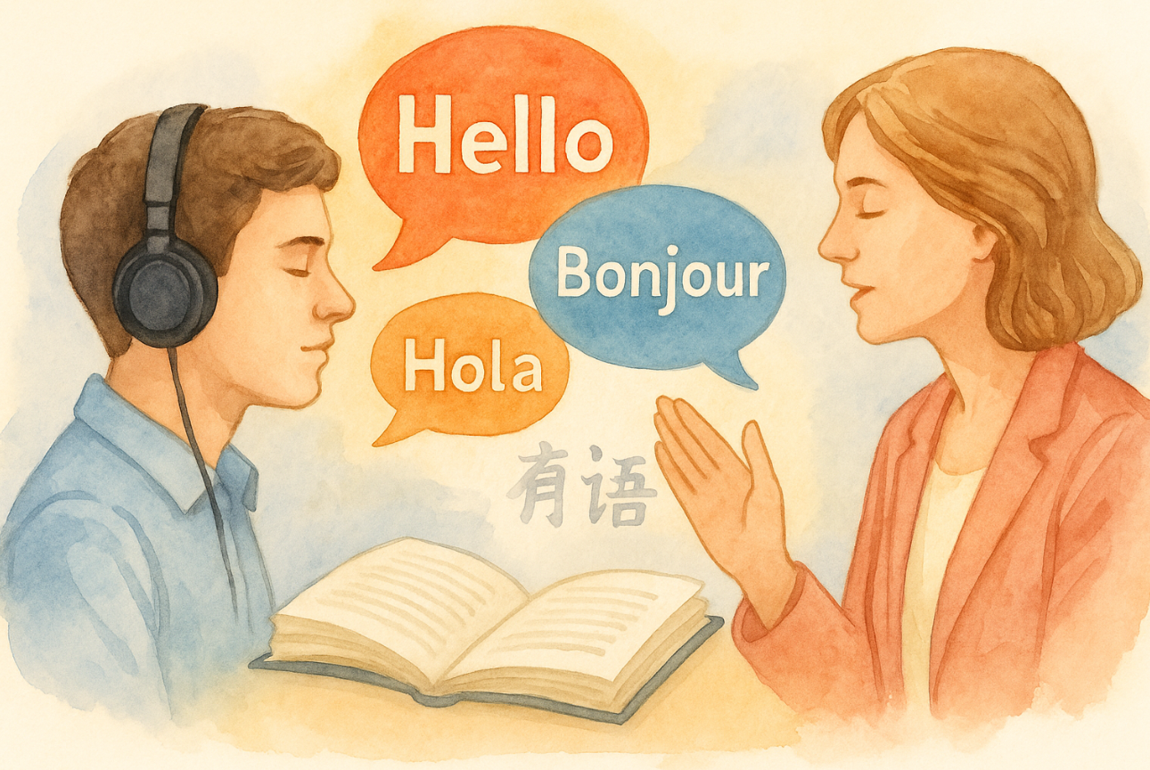 Aquarelle représentant une séance d’hypnose à Versailles sur le thème de l’apprentissage des langues, dans des tons bleus et rosés évoquant calme, concentration et mémoire.