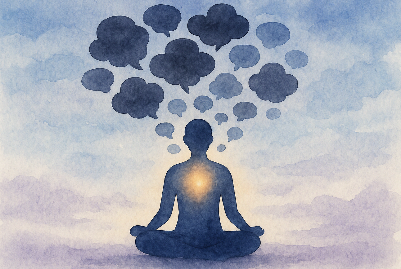 Illustration d’une personne se libérant de ses ruminations mentales – Défusion cognitive et hypnose à Versailles.