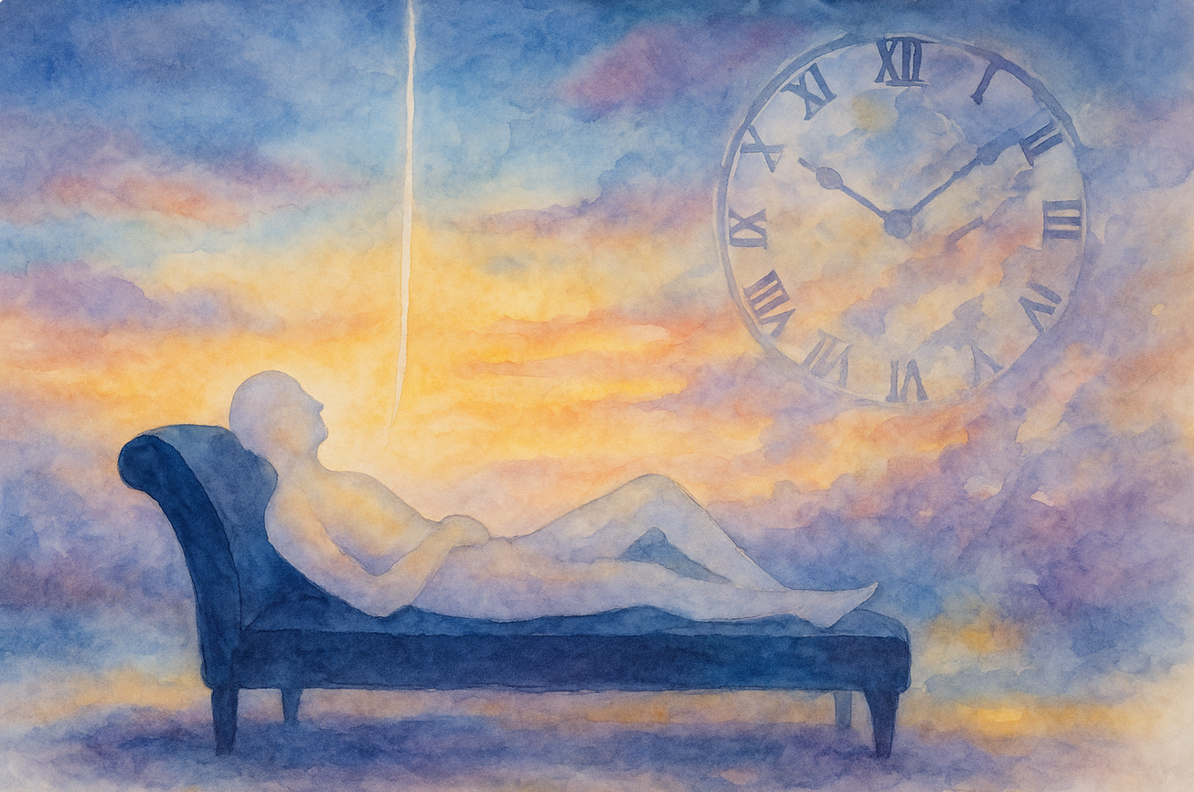 Illustration aquarelle représentant une silhouette allongée sur un divan sous un ciel crépusculaire, symbolisant la psychanalyse, la finitude et la renaissance à Versailles.