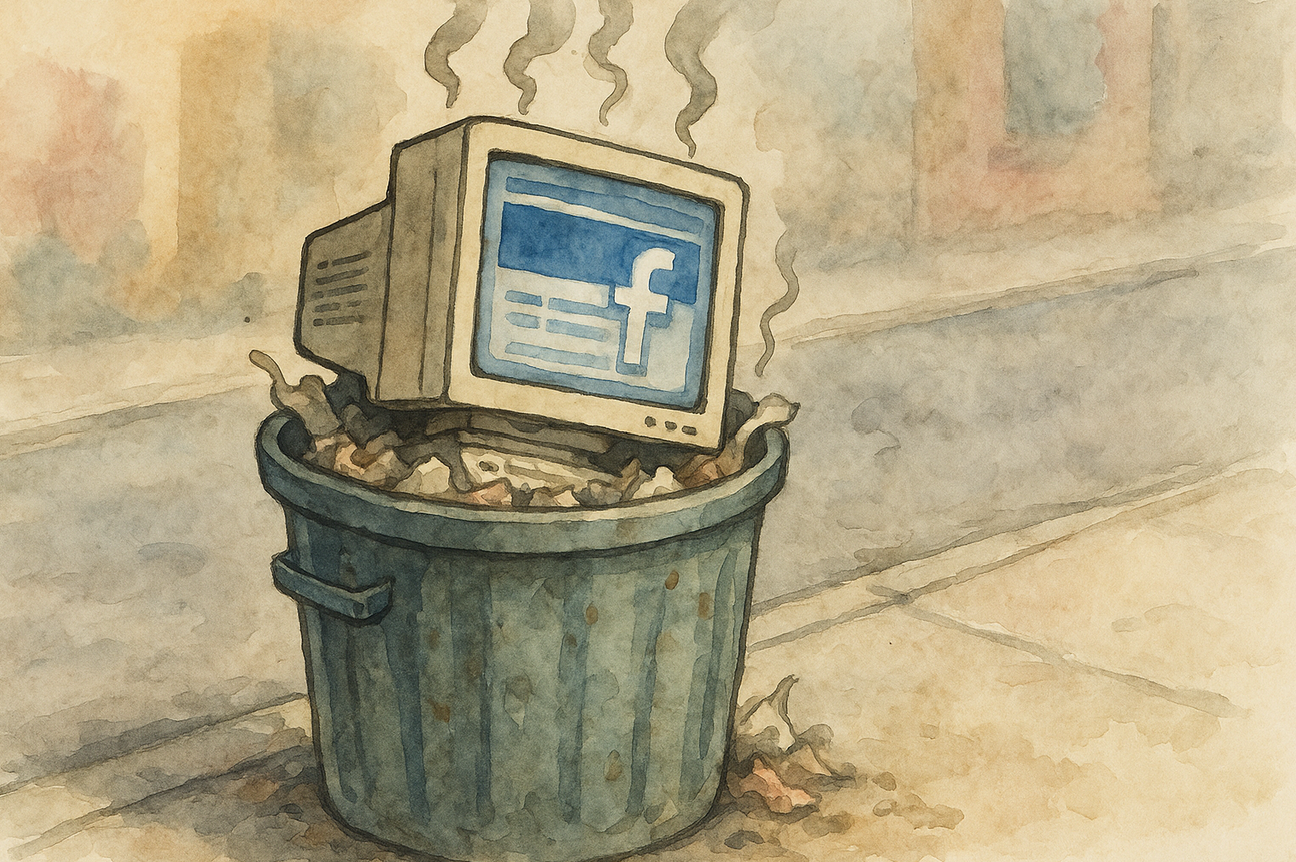 Illustration aquarelle d’un ordinateur affichant Facebook jeté dans une poubelle sur un trottoir, avec de la fumée et des déchets, symbole de la “société du tout-pourri”, scène urbaine près de Versailles.