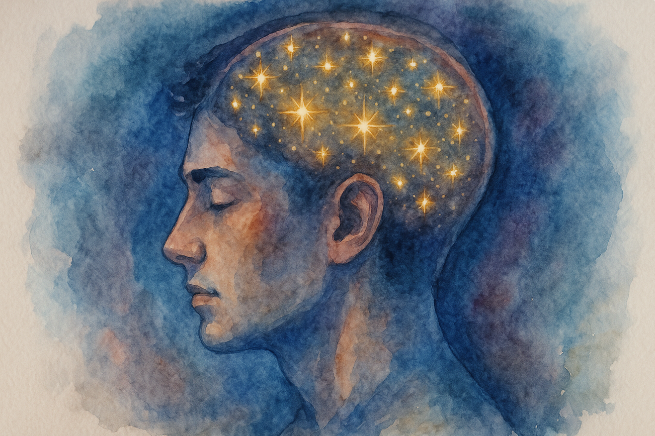 Illustration aquarelle d’un esprit en hypnose à Versailles, visage apaisé et cerveau rempli d’étoiles symbolisant la transe et l’inconscient lumineux, style poétique et méditatif