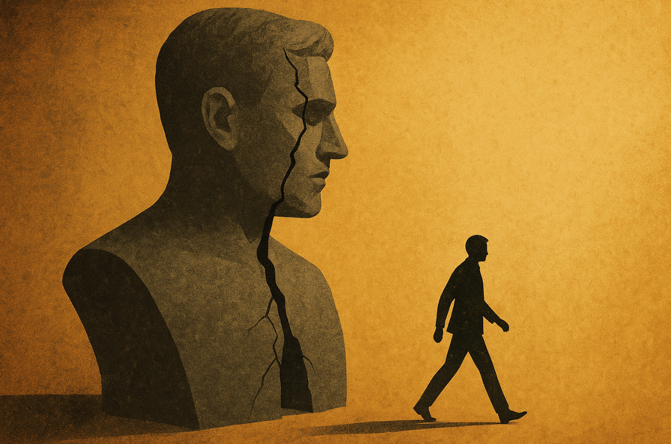 Silhouette se détachant d’une statue paternelle fissurée, symbolisant la séparation intérieure et l’autonomie psychique, psychanalyse Versailles.