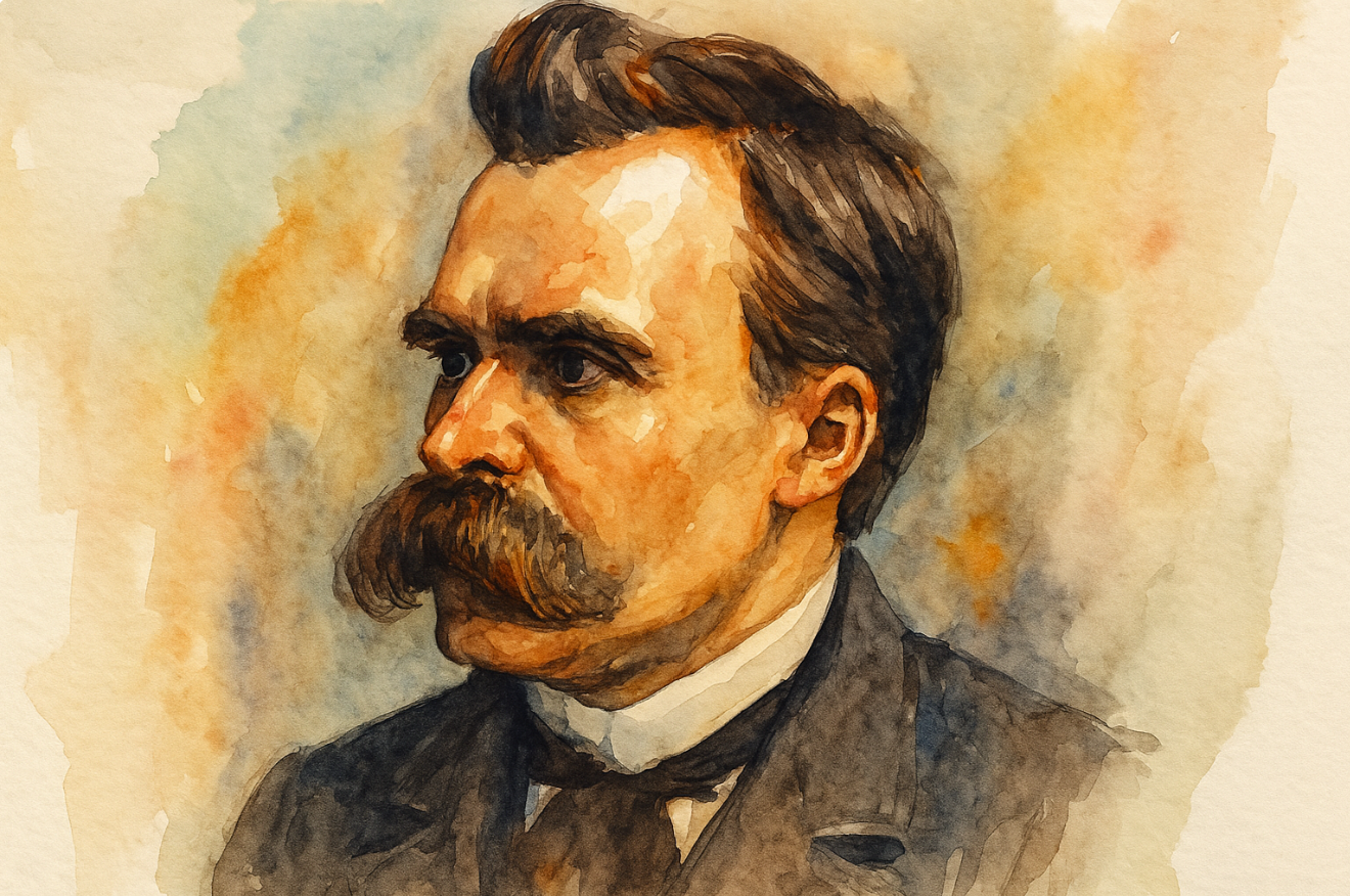 Portrait aquarelle de Friedrich Nietzsche, philosophe allemand du XIXᵉ siècle, illustrant un article de psychologie et psychanalyse à Versailles sur la souffrance, la force intérieure et le fantasme de maîtrise.