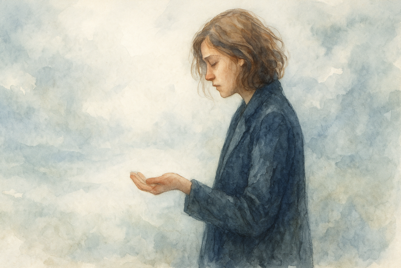 Illustration aquarelle d’une femme seule, symbolisant le deuil blanc et la solitude intérieure, réalisée pour un article de psychothérapie à Versailles.