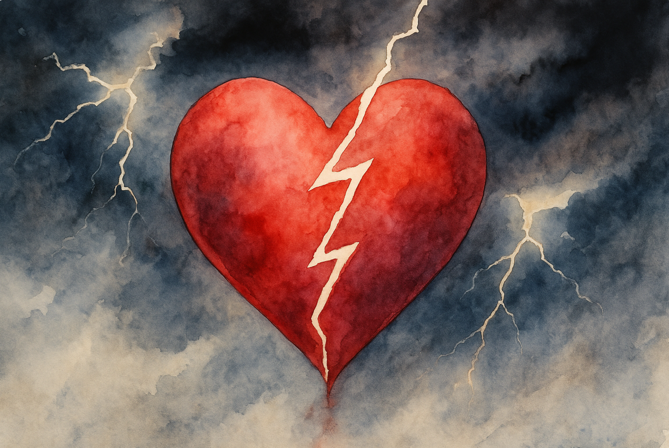 un coeur traversé par un éclair, avec un coup de tonnerre, style aquarelle