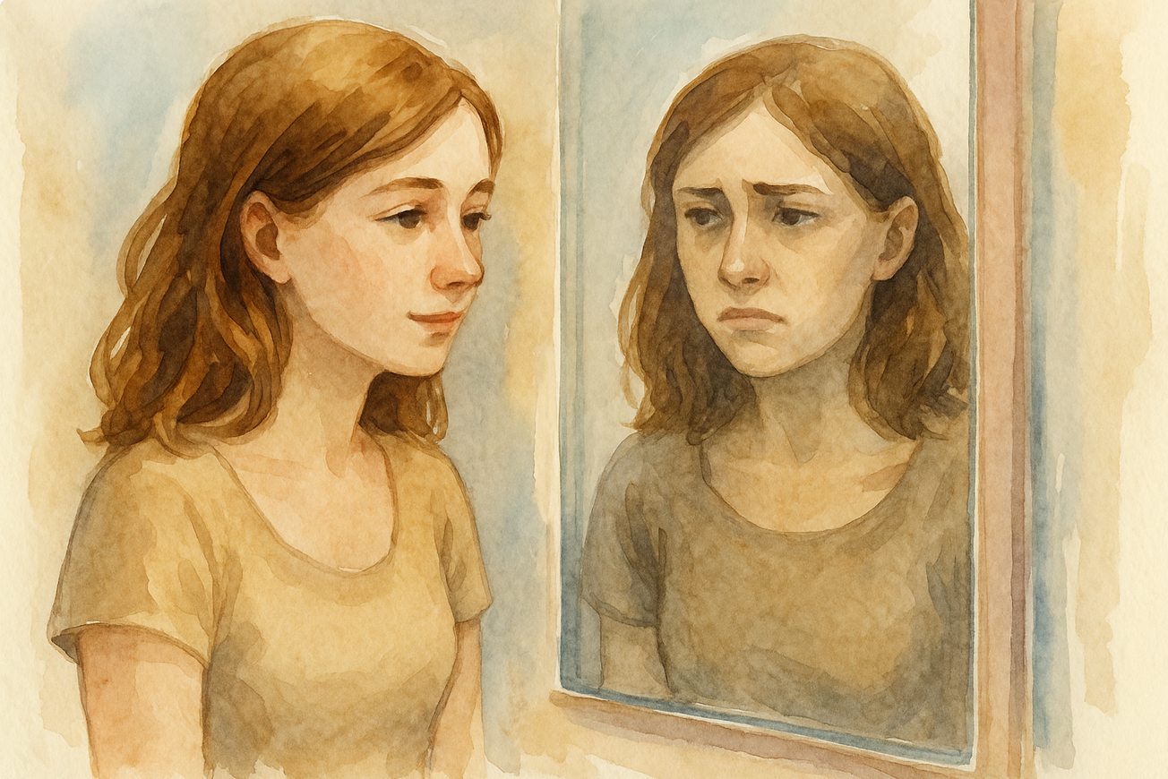 une jeune femme jolie qui se regarde dans le miroir et se voit moche