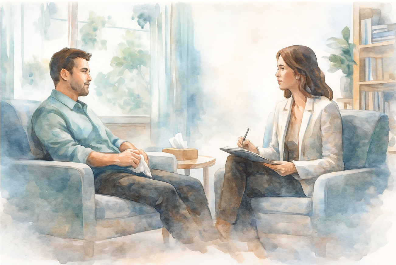 une séance de psychothérapie à Versailles, représentant un patient en entretien avec une psychanalyste, ambiance douce et professionnelle