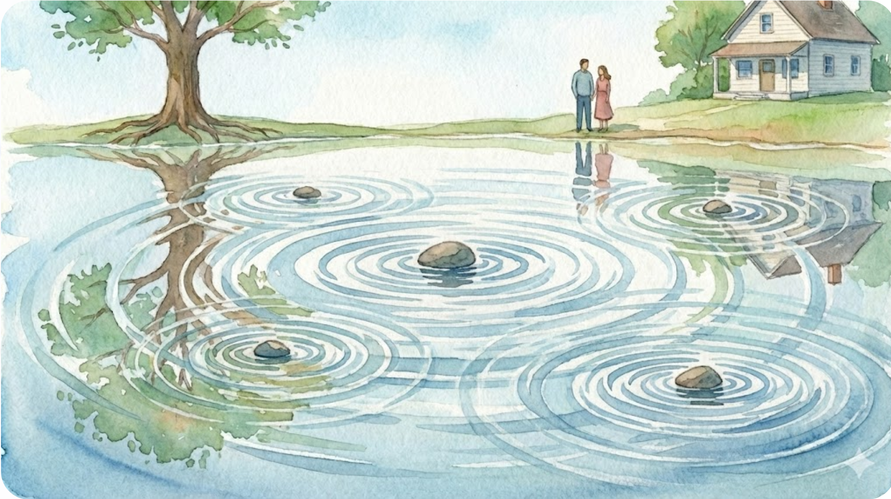 Illustration à l'aquarelle montrant des ondes se propageant sur l'eau devant une maison, symbolisant la psychogénéalogie et la thérapie systémique à Versailles