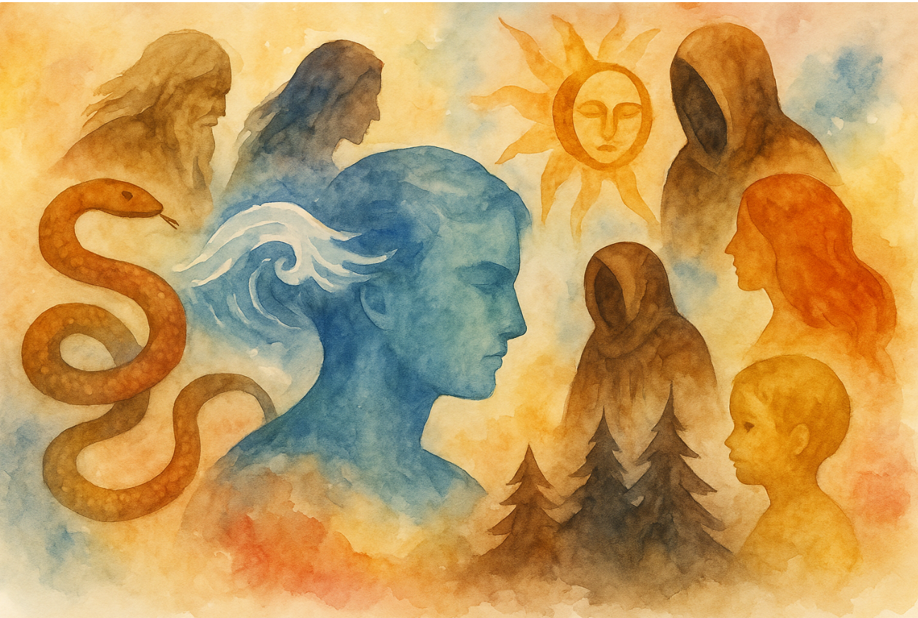 Illustration aquarelle représentant les archétypes jungiens (ombre, enfant, sage, serpent, soleil) autour d’une silhouette en transe hypnotique à Versailles