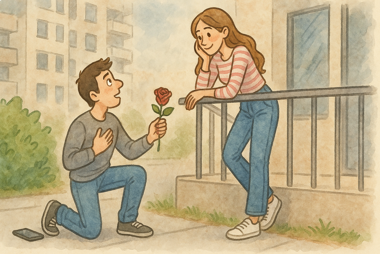 Aquarelle représentant une scène d’amour courtois moderne : un jeune homme, à genoux sur un trottoir, tend une rose rouge à une jeune femme appuyée sur une rambarde d’escalier