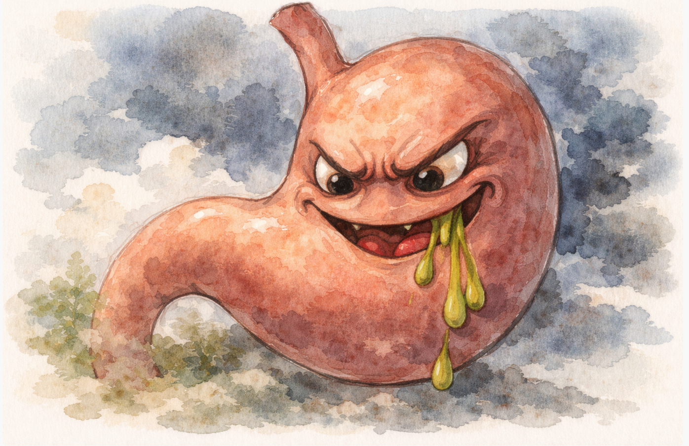 Illustration aquarelle d’un estomac personnifié représentant de façon métaphorique l’émétophobie, la peur de vomir.