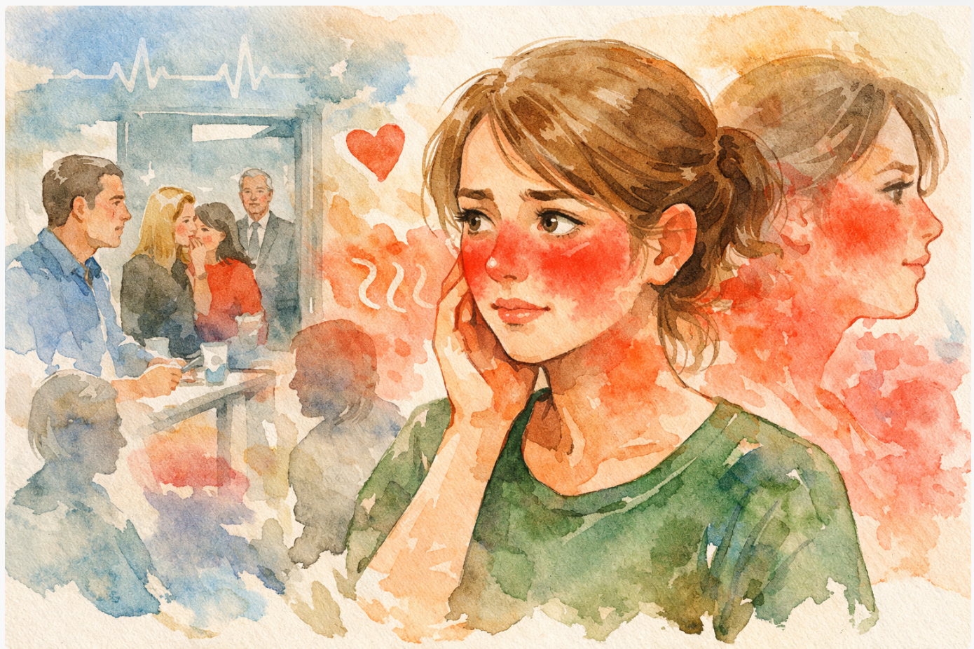 Illustration aquarelle d’une femme qui rougit en public, évoquant l’éreutophobie et la peur de rougir, accompagnement thérapeutique à Versailles