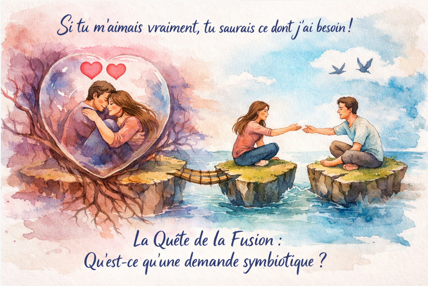un couple relié par un lien fusionnel, entre proximité et distance, pour illustrer la demande symbiotique en psychologie