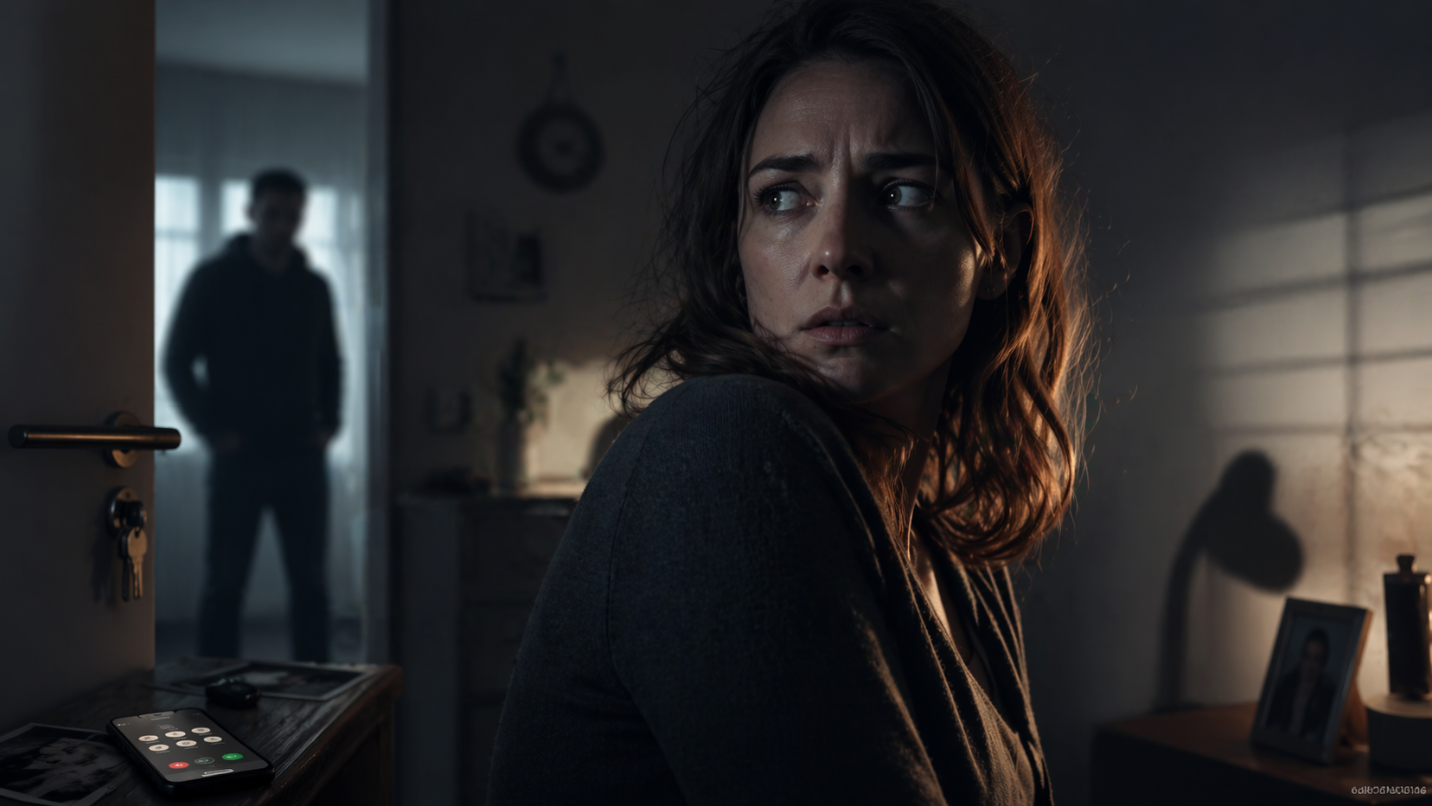 Femme inquiète dans un intérieur sombre sous emprise et contrôle coercitif, illustration 16:9 pour un article sur la peur des femmes, les violences conjugales et le féminicide.