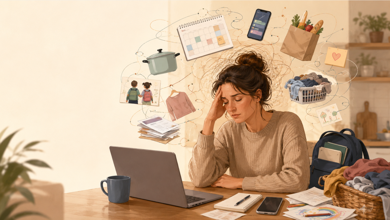 personne épuisée par la charge mentale, entre travail, famille et tâches domestiques, accompagnement psy à Versailles