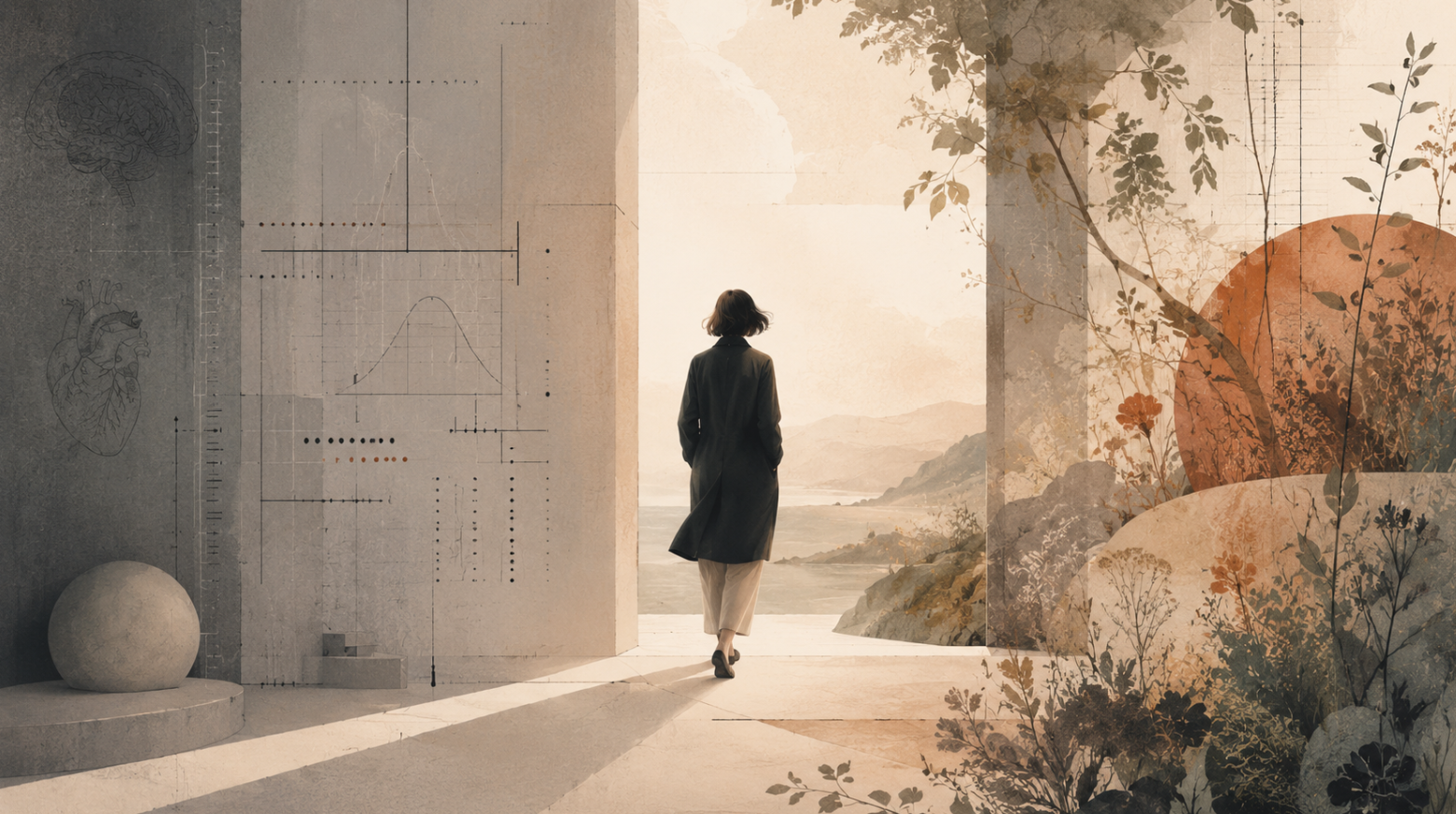 Illustration symbolique d’une femme marchant entre un espace gris et normatif et un paysage lumineux, évoquant la pensée de Canguilhem sur la normalité, la santé mentale et la capacité d’inventer sa vie.