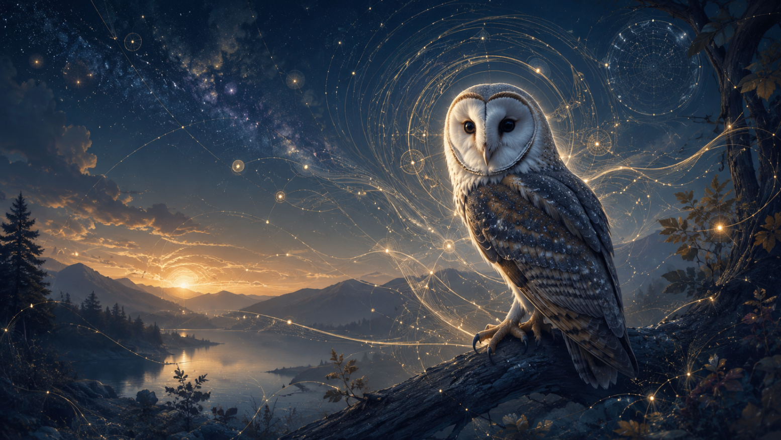un hibou perché sur une branche domine un paysage nocturne aux tons bleu profond et doré, face à un ciel étoilé traversé de lignes lumineuses et de constellations, évoquant la perception élargie, la transe et l’ouverture au monde.