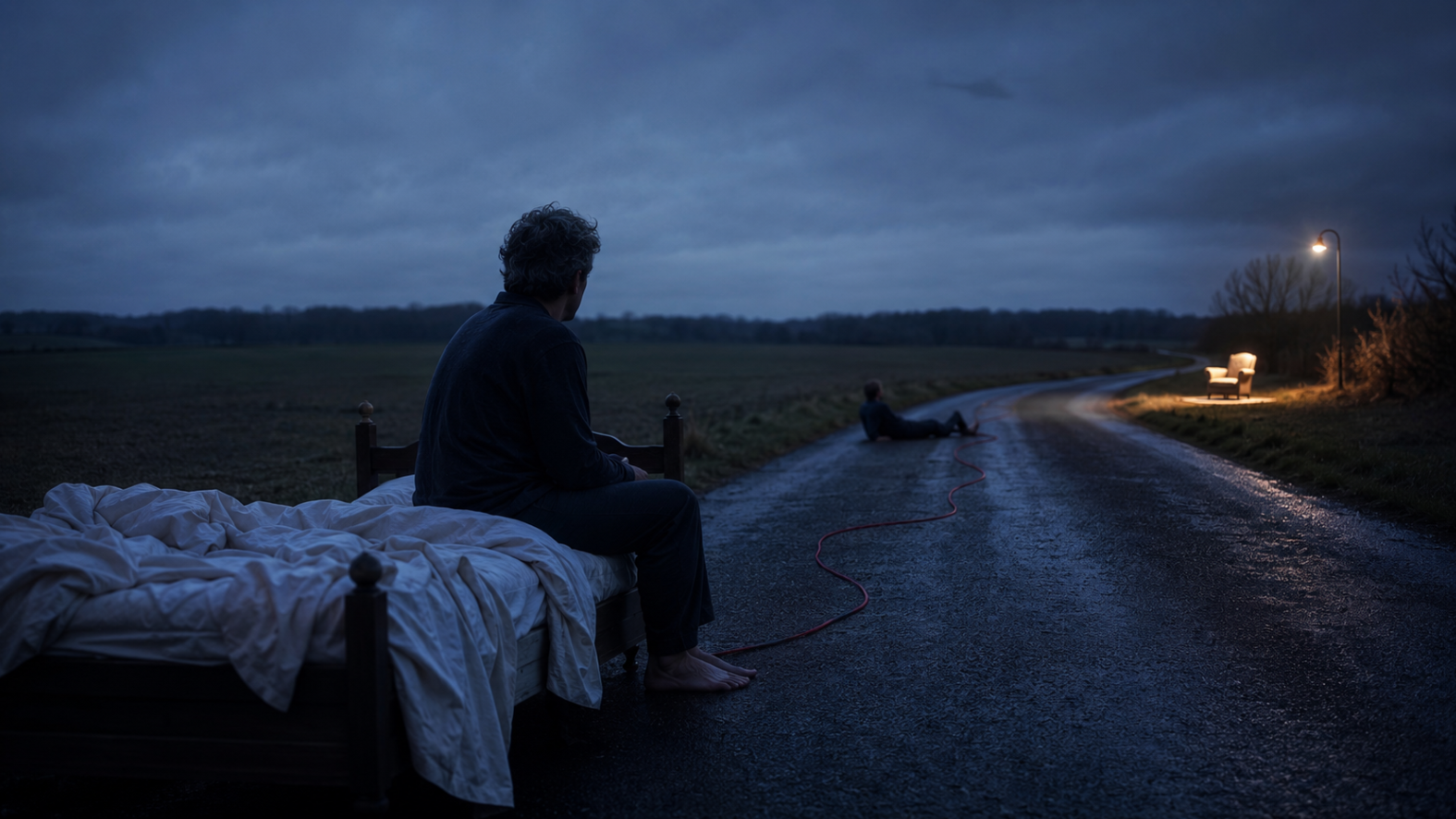 Homme assis sur un lit au milieu d’une route nocturne, évocation du trauma, des rêves et des transformations durables en psychanalyse à Versailles.