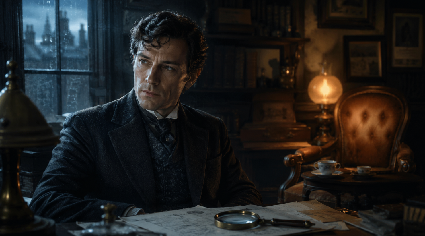 Sherlock Holmes dans son bureau, entre froideur analytique et attachement émotionnel – analyse clinique de la sociopathie.