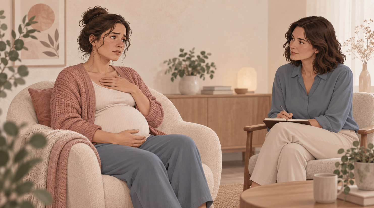une femme enceinte exprime son inquiétude face à une thérapeute attentive, dans un cadre rassurant, sans représentation médicale ni dramatisation
