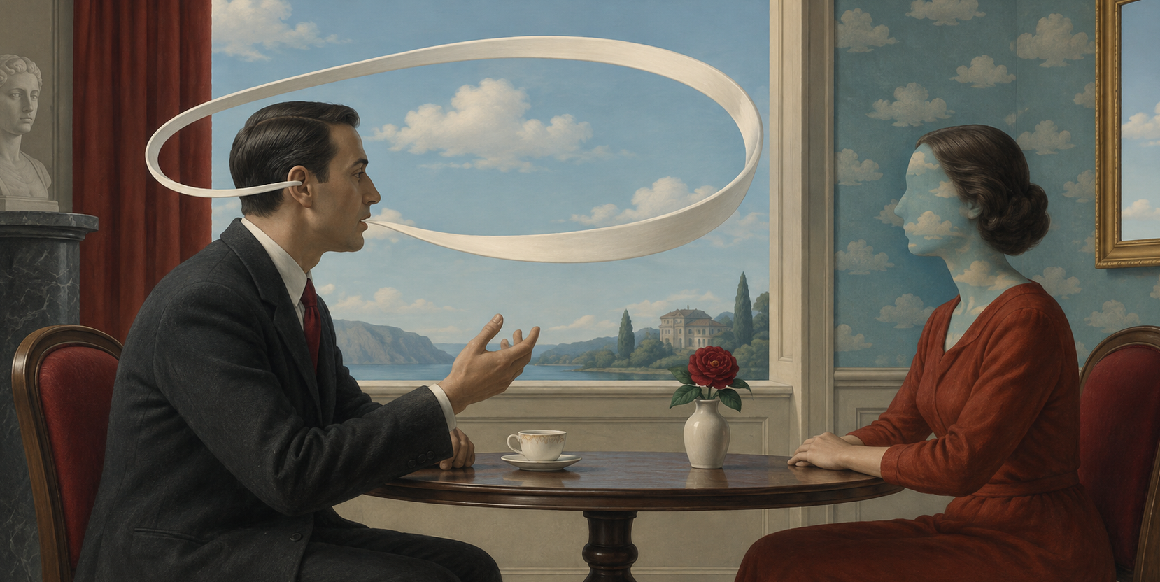 Illustration surréaliste du narcissisme conversationnel en psychologie à Versailles