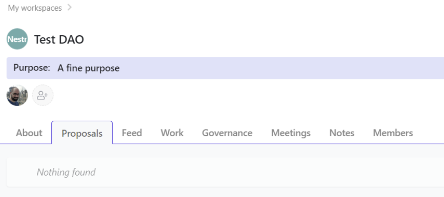 Screenshot of workspace ready for DAO integration in Nestr