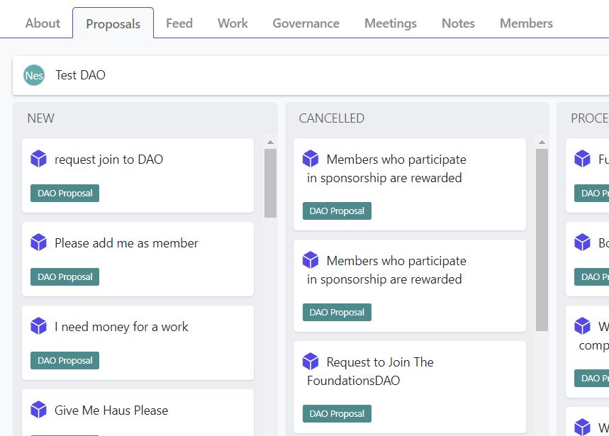 Screenshot of the Proposals tab in DAO workspace in Nestr