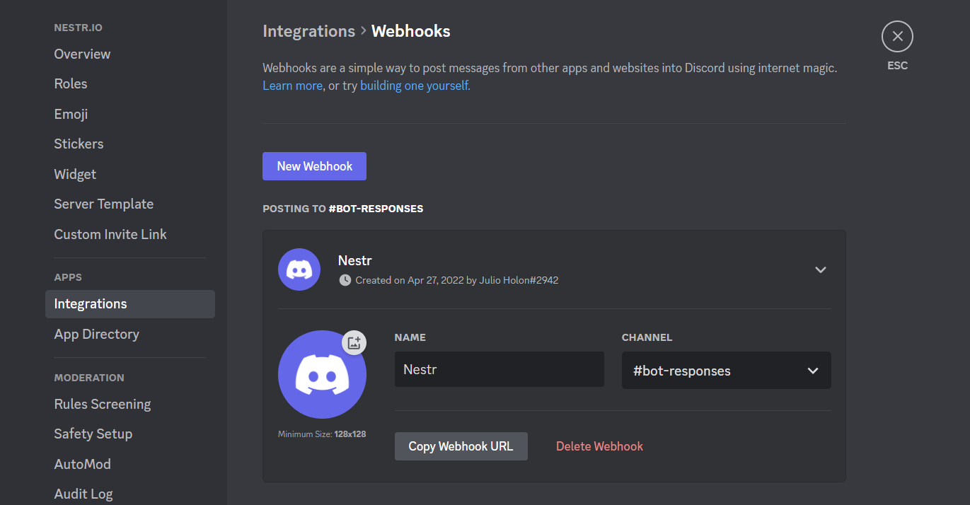 Screenshot of the Discord integration setup in Nestr