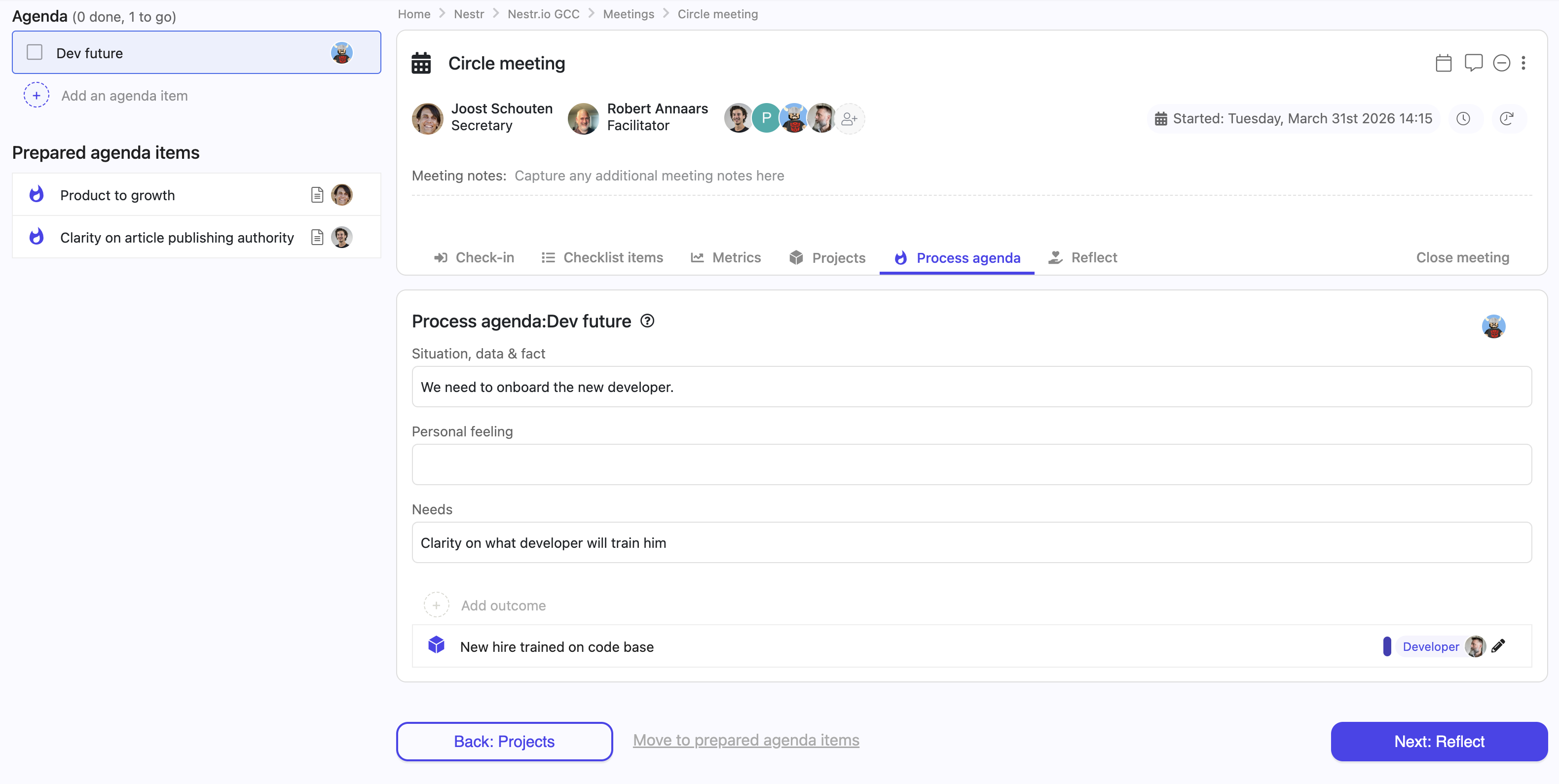 Circle meeting page showing agenda, meeting steps and agenda processing.
