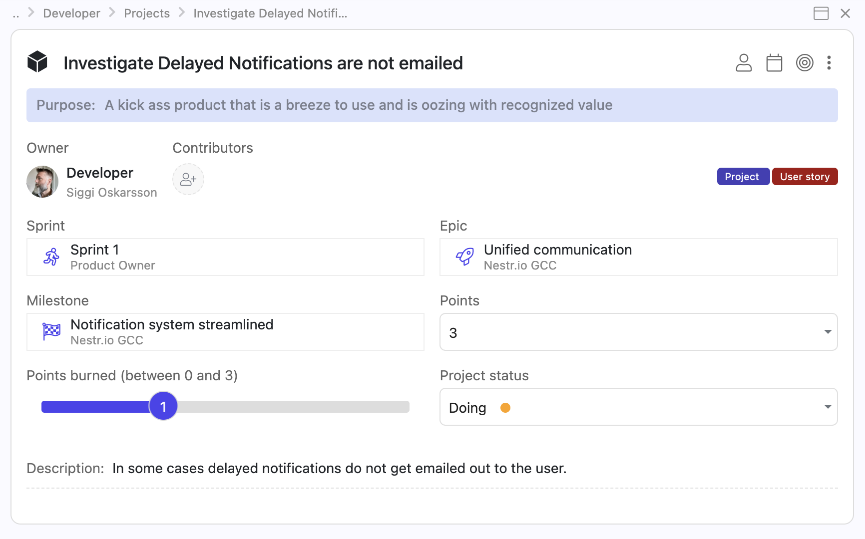 User stories can be linked to their respective Sprint, Epic and Milestone. You can also set story points and indicate the progress made.