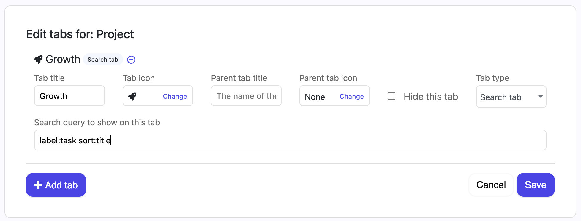 Define what you want to see in the tab you add/change