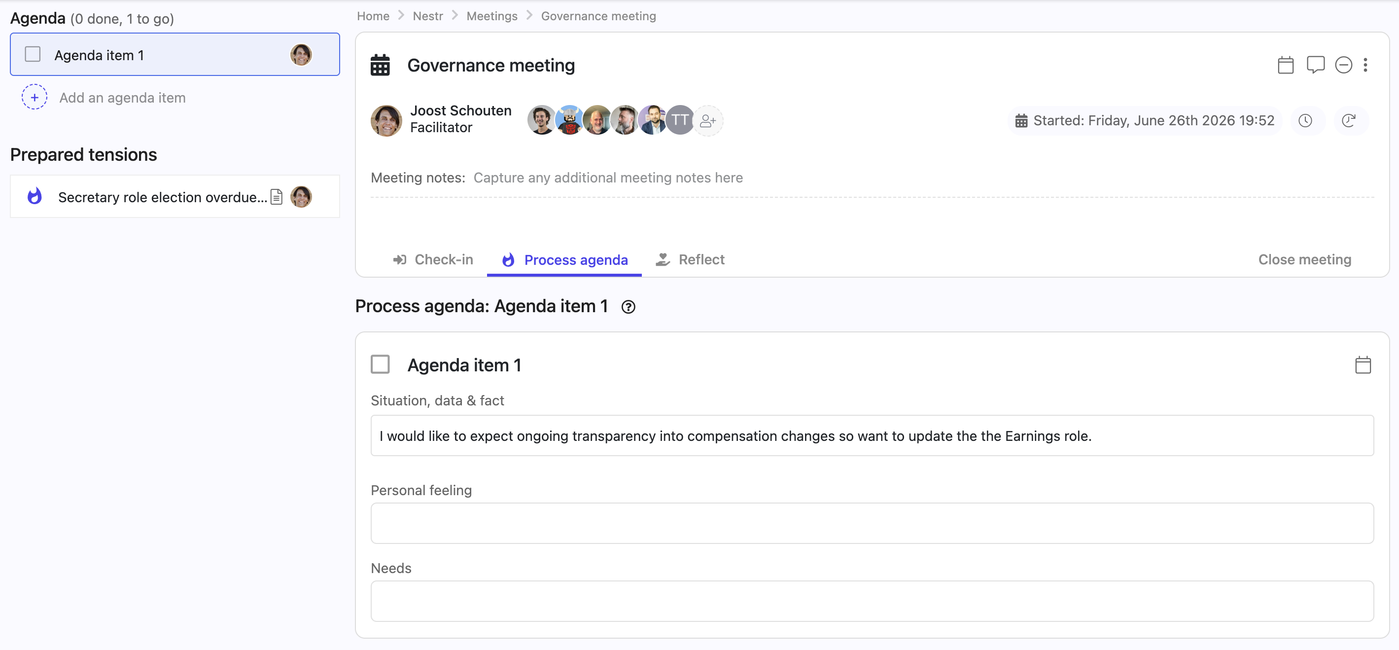 Holacracy governance meetings are fully supported in Nestr.