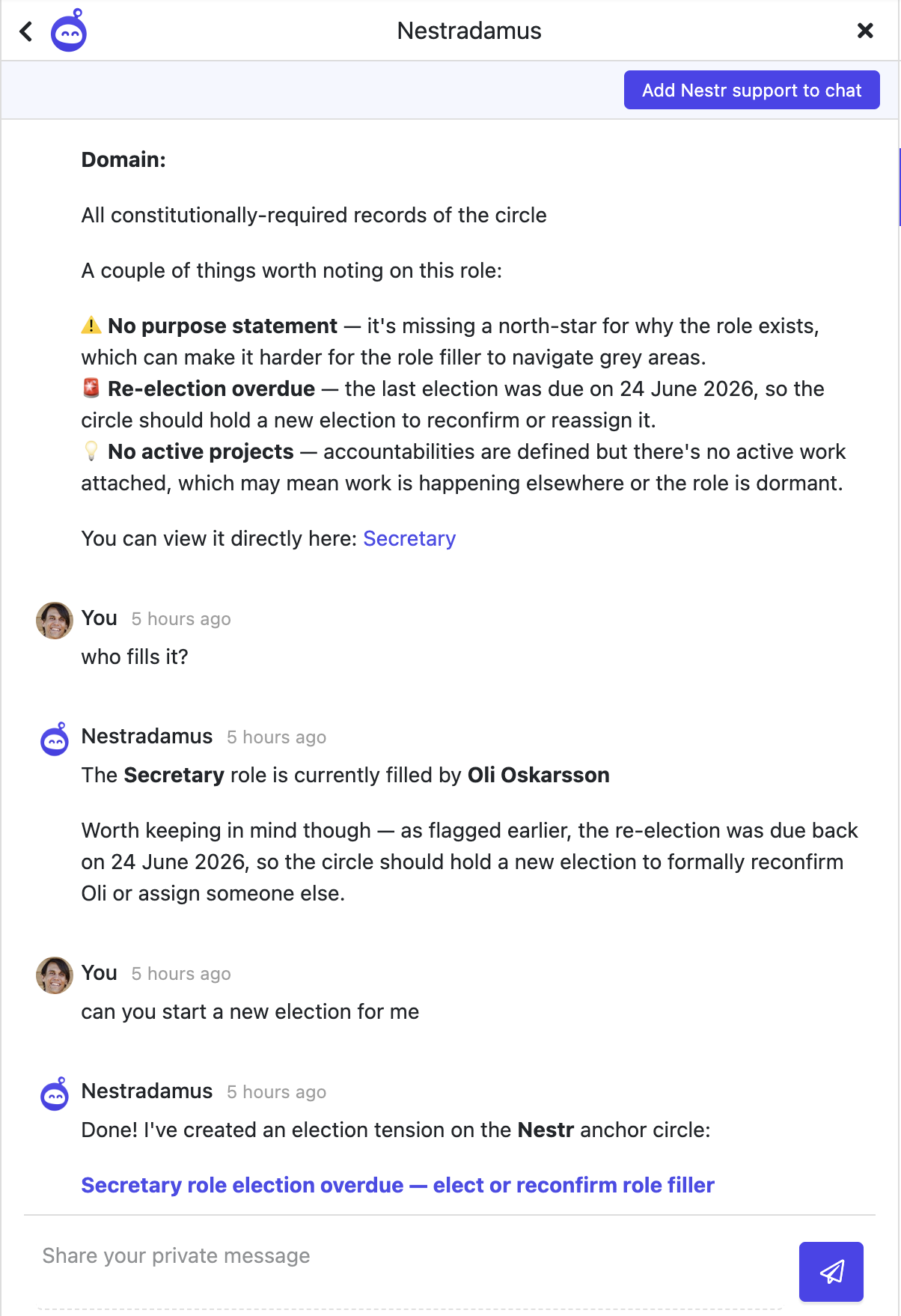 Engage Nestradamus in the chat interface with any question you might have.