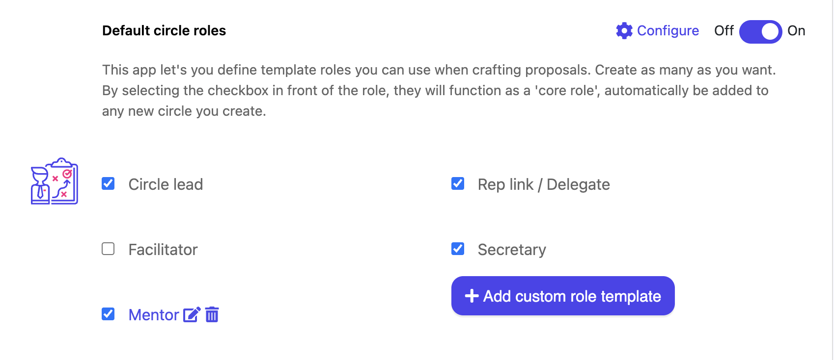 You can find your Default circle roles on the workspace settings -> applications