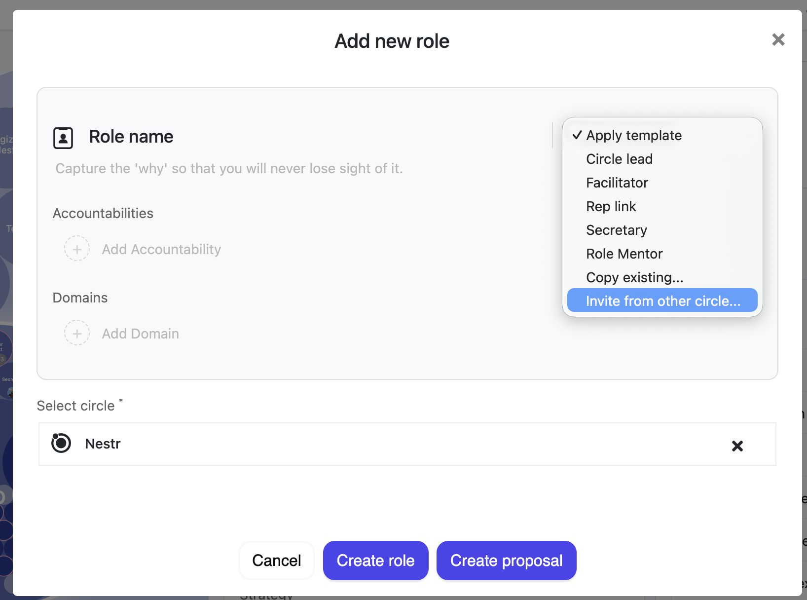 You can invite any role from any circle when you create a new role
