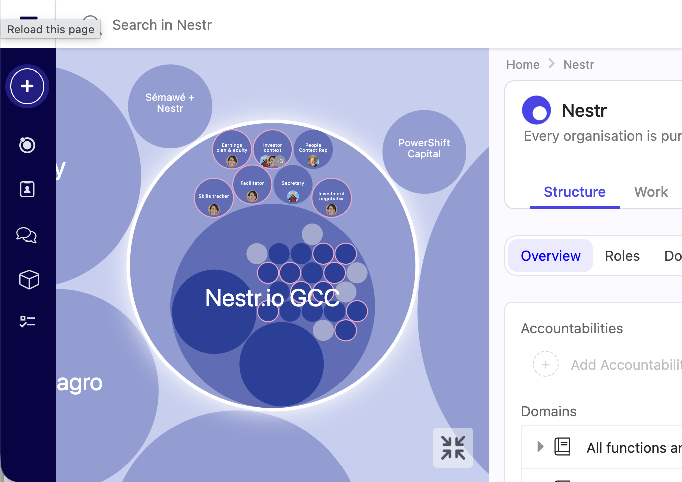 Use the circle and role navigator to move around your organisation visually.