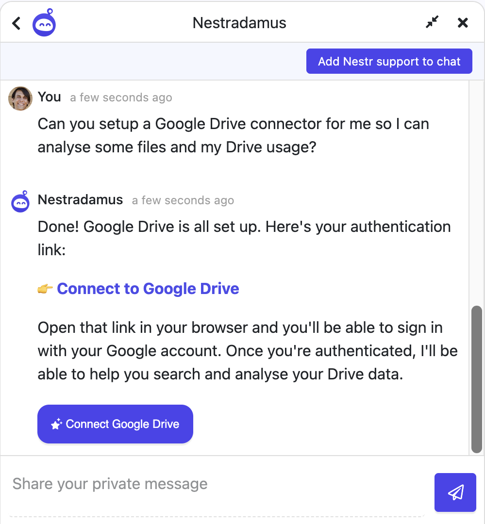 Our support bot Nestradamus can help you with the full setup of your agents and connectors. Simply ask.