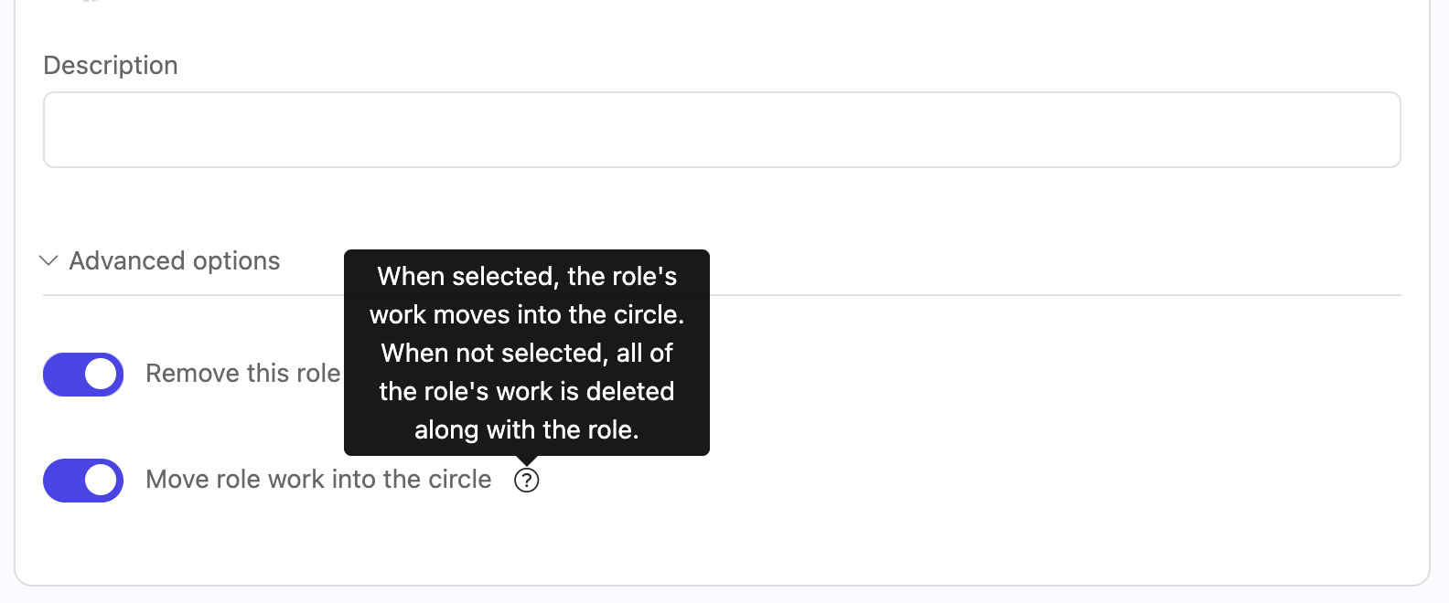 When removing a role you can choose to move the roles work and content into the circle first.