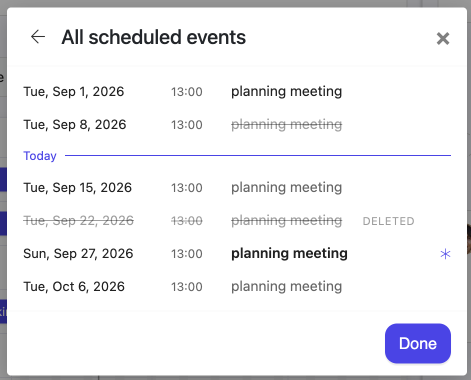You can see all occurrences for a repeated task or meeting