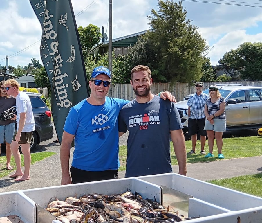 Spearos Rob Harrison and Moss Burmester at the Rosemergy Catfish Cull