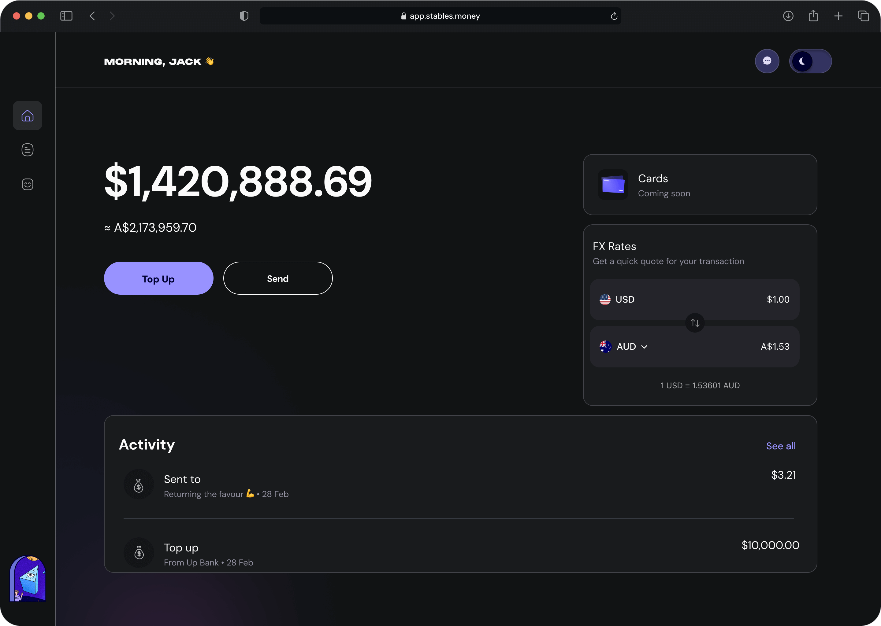 Screenshot of Stables app dashboard